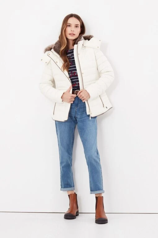Joules Gosway Faux Fur Trim Padded White Coat -Style Haven Shop C70225s scaled