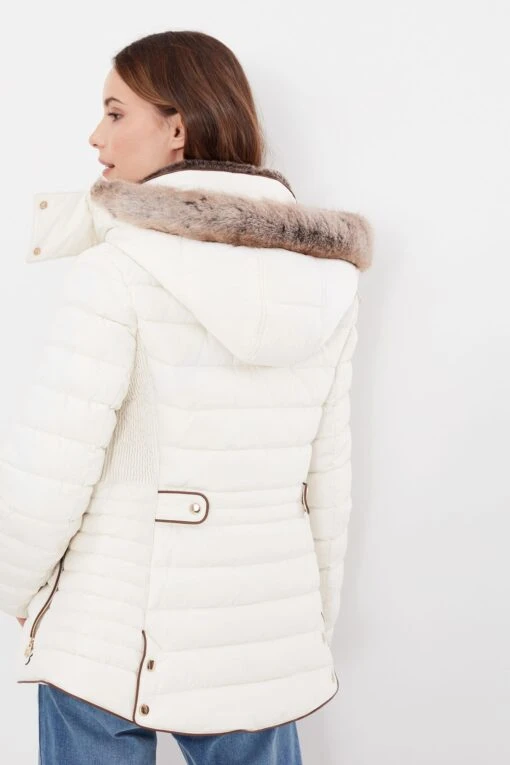 Joules Gosway Faux Fur Trim Padded White Coat -Style Haven Shop C70225s2 scaled