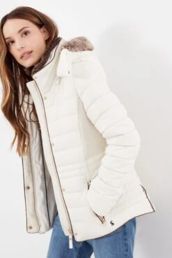 Joules Gosway Faux Fur Trim Padded White Coat -Style Haven Shop C70225s3 scaled