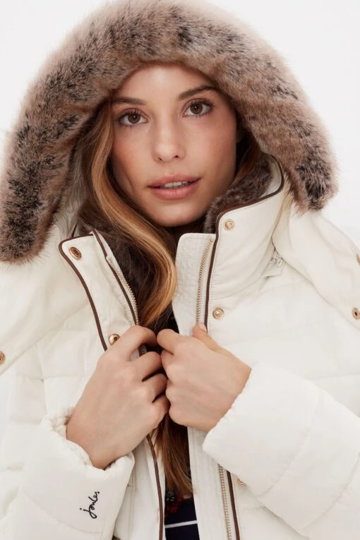 Joules Gosway Faux Fur Trim Padded White Coat -Style Haven Shop C70225s5 scaled