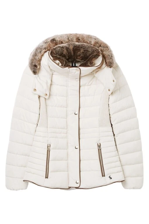 Joules Gosway Faux Fur Trim Padded White Coat -Style Haven Shop C70225s7 scaled