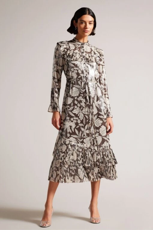 Ted Baker Vikkci Dk-Brown Ruffle Detail Midi Shirt Dress -Style Haven Shop D40080s scaled