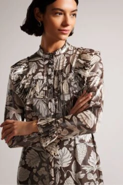 Ted Baker Vikkci Dk-Brown Ruffle Detail Midi Shirt Dress -Style Haven Shop D40080s3 scaled
