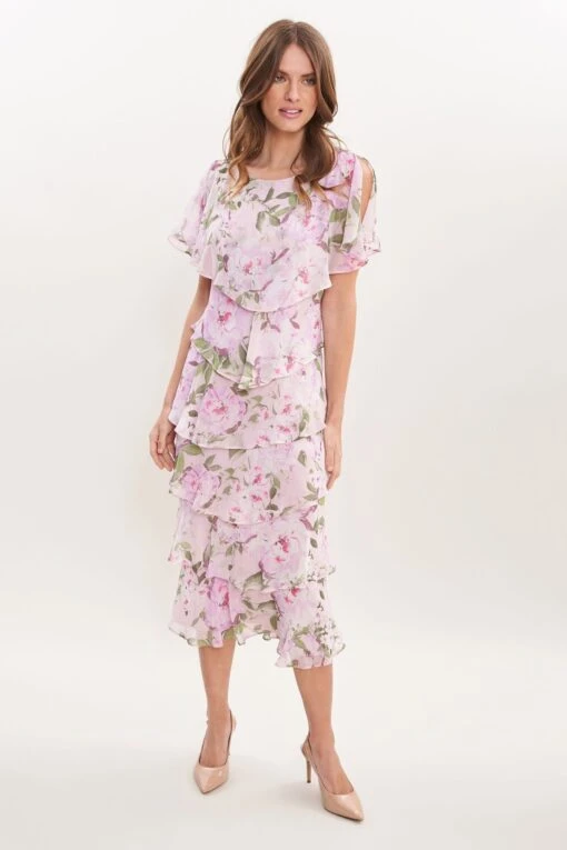 Gina Bacconi Pink Darby Short Sleeve Round Neckline Floral Printed Tiered Midi Dress -Style Haven Shop T60972s3 scaled