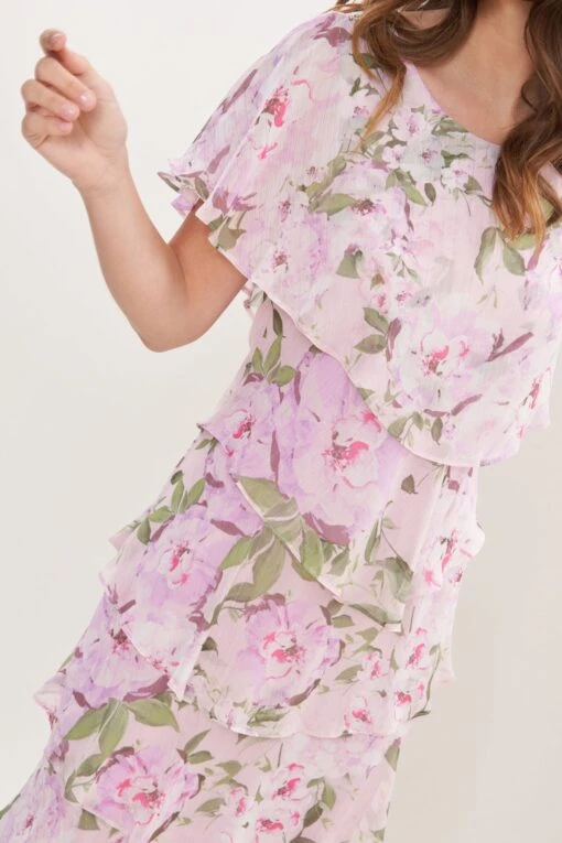 Gina Bacconi Pink Darby Short Sleeve Round Neckline Floral Printed Tiered Midi Dress -Style Haven Shop T60972s4 scaled