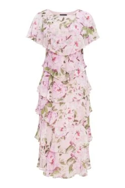 Gina Bacconi Pink Darby Short Sleeve Round Neckline Floral Printed Tiered Midi Dress -Style Haven Shop T60972s5 scaled