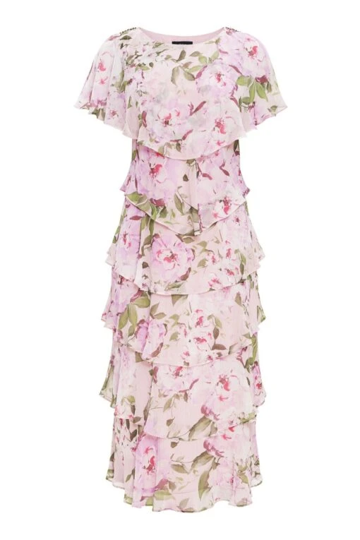 Gina Bacconi Pink Darby Short Sleeve Round Neckline Floral Printed Tiered Midi Dress -Style Haven Shop T60972s5 scaled