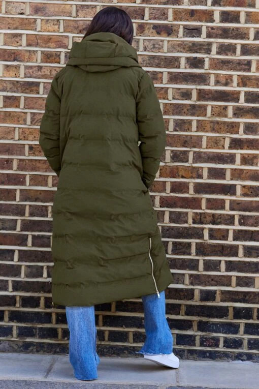 Next Khaki Green Rochelle Longline Double Breasted Padded Hooded Coat -Style Haven Shop T65369s2 scaled
