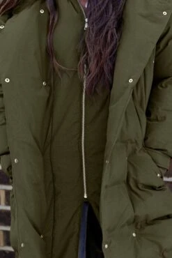 Next Khaki Green Rochelle Longline Double Breasted Padded Hooded Coat -Style Haven Shop T65369s3 scaled