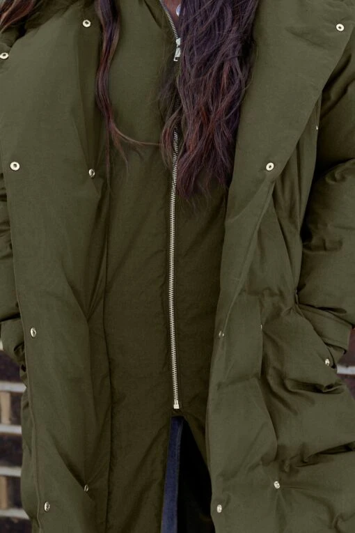 Next Khaki Green Rochelle Longline Double Breasted Padded Hooded Coat -Style Haven Shop T65369s3 scaled