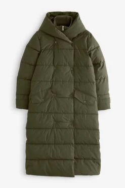 Next Khaki Green Rochelle Longline Double Breasted Padded Hooded Coat -Style Haven Shop T65369s4 scaled