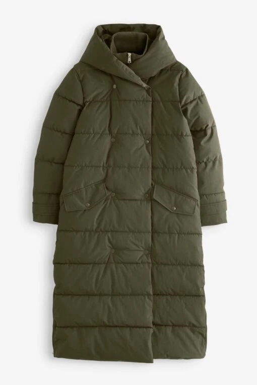 Next Khaki Green Rochelle Longline Double Breasted Padded Hooded Coat -Style Haven Shop T65369s4 scaled